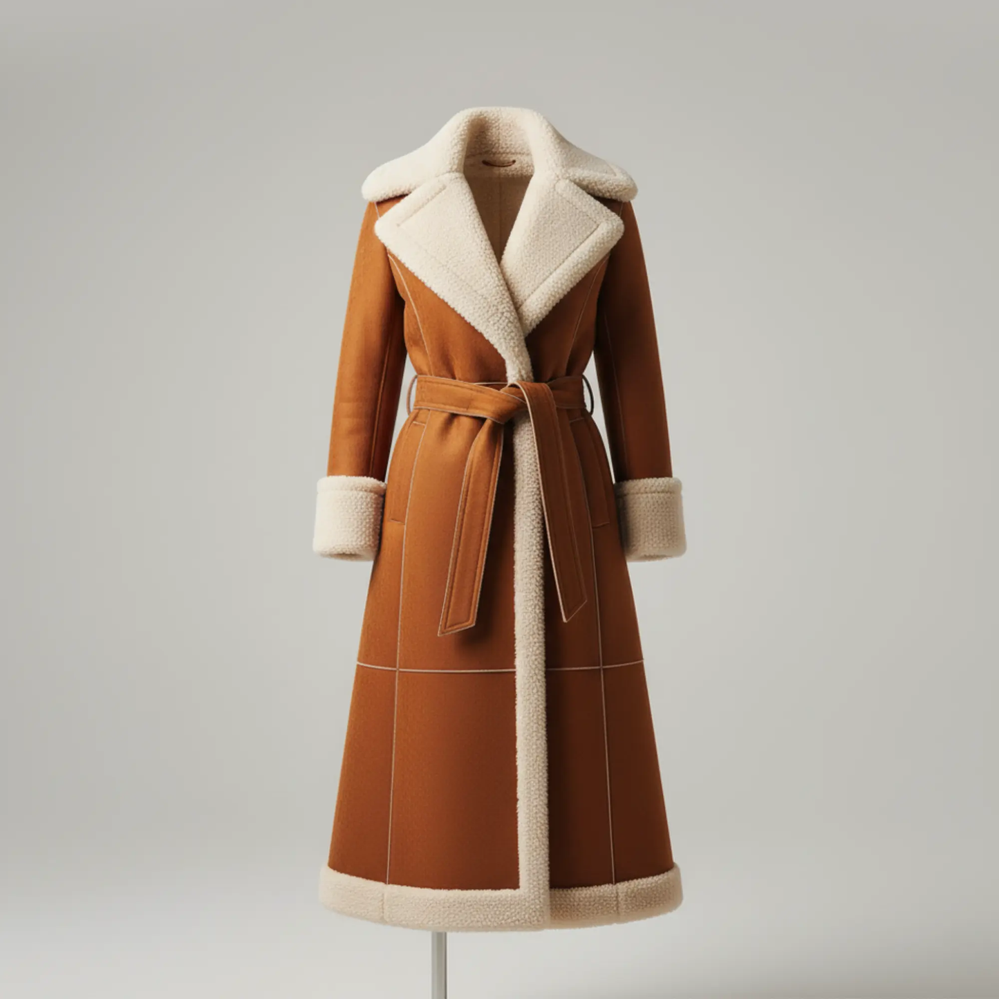 Women's Luxury Handmade Brown Shearling 3/4 long Coat – Genuine Leather Long Winter Coat with Full Shearling Lining &amp; Belted Waist Bakshi Artisanal