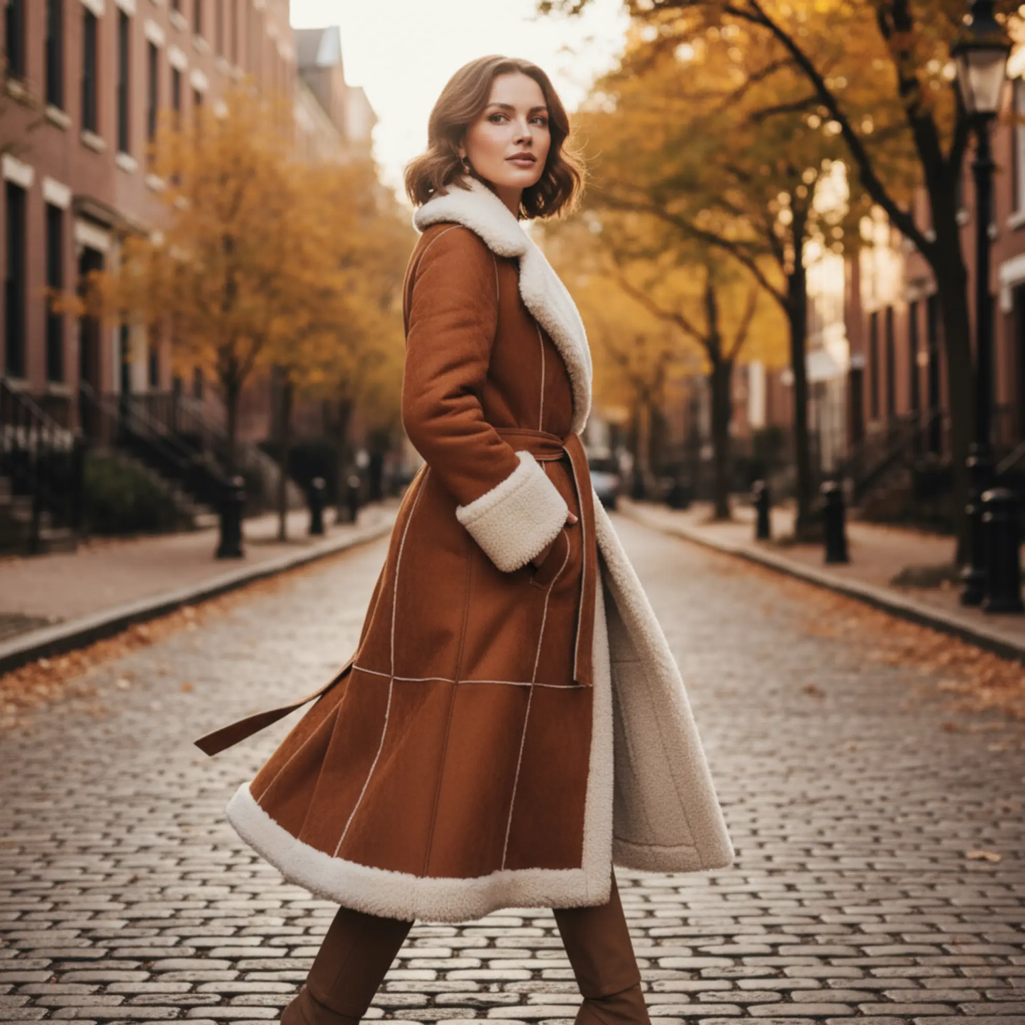 Women's Luxury Handmade Brown Shearling 3/4 long Coat – Genuine Leather Long Winter Coat with Full Shearling Lining &amp; Belted Waist Bakshi Artisanal