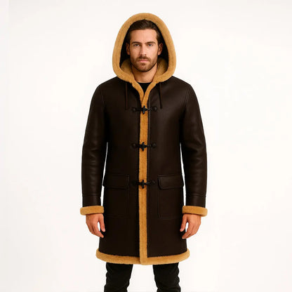 Men's Duffle Brown Fur Hooded Natural Shearling Coat My Store