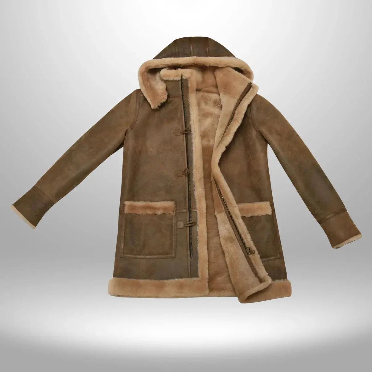 Men’s Suede Leather Duffle Shearling Hooded Winter Coat My Store