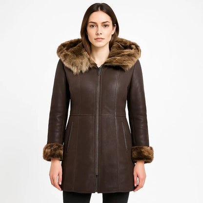 Women's Brown Hooded Shearling 3/4 Length Toscana Jacket My Store