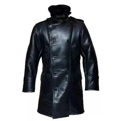 Men’s RAF Long Shearling Bomber Overcoat – Black Real Sheepskin Fur Lined Leather Jacket Bakshi Artisanal