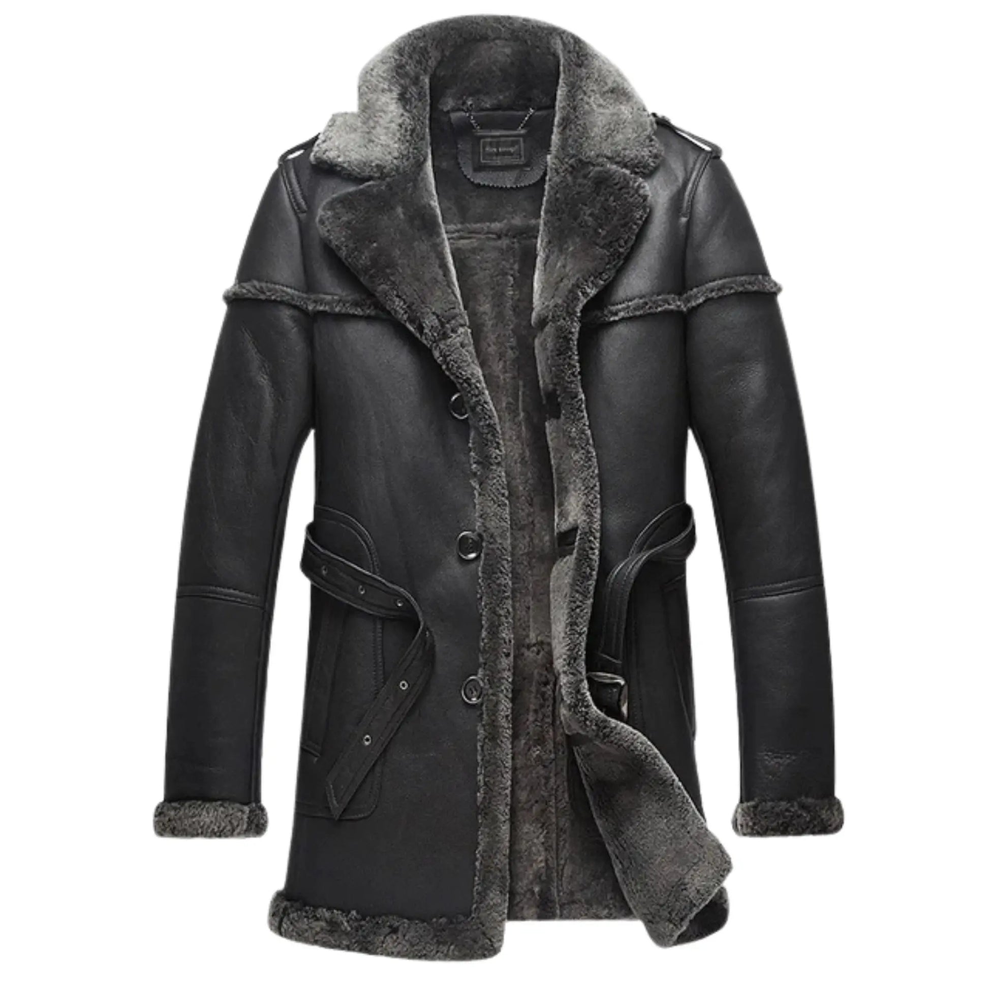 Men’s Bomber Shearling Jacket – Genuine Sheepskin Long Coat, Retro Aviator / Pilot Style My Store