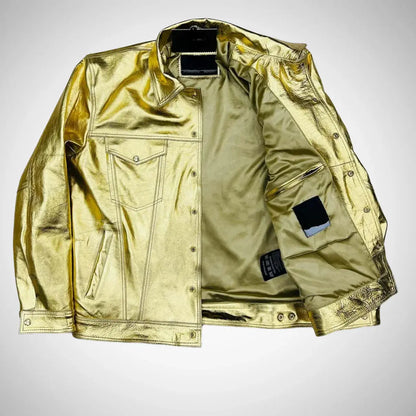 Men's Genuine Sheep Skin Gold Leather Biker Jacket My Store