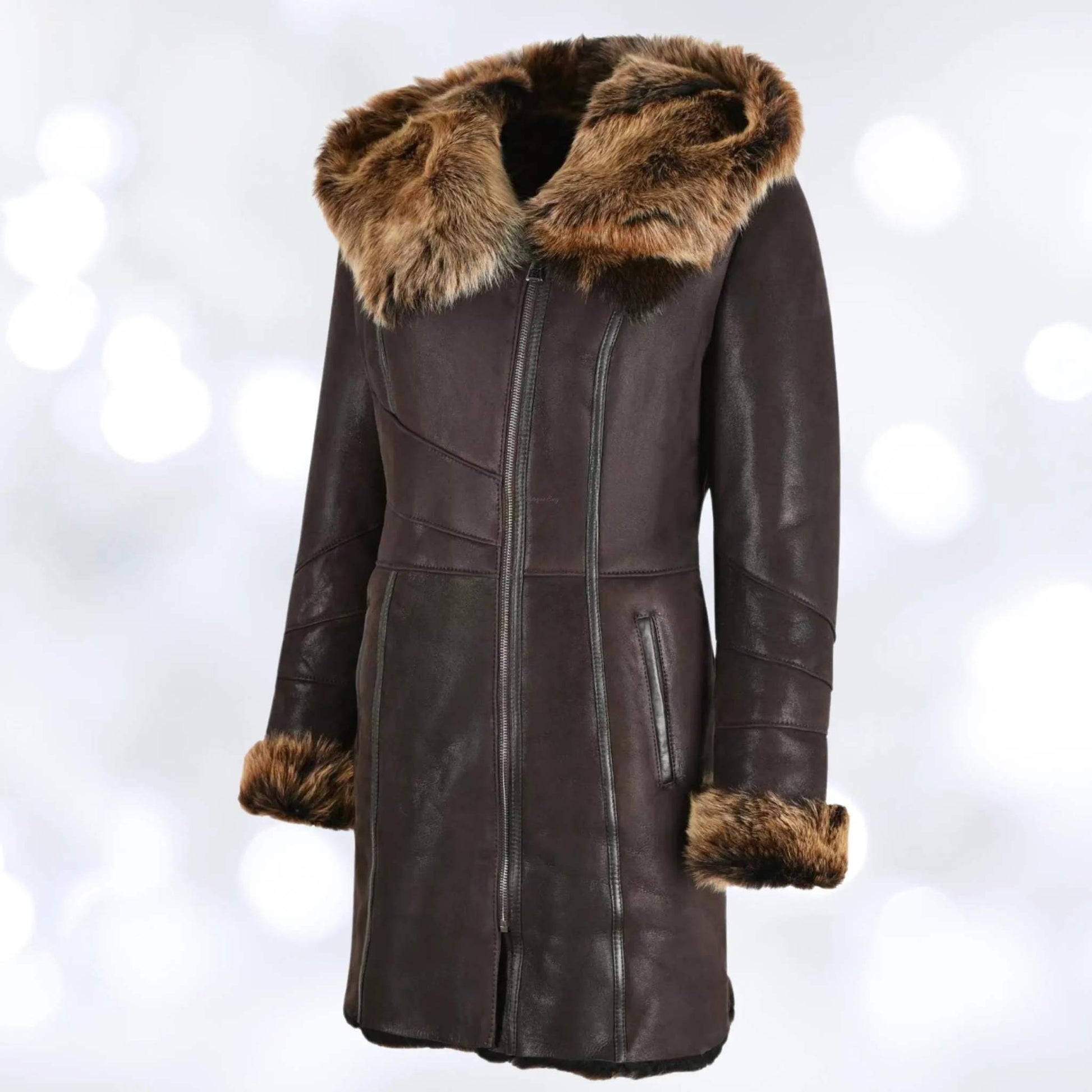 Women's Brown Hooded Shearling 3/4 Length Toscana Jacket My Store