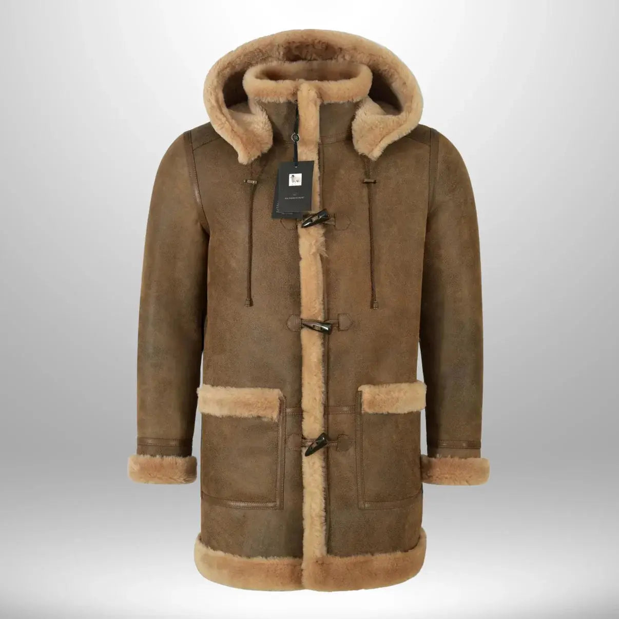 Men’s Suede Leather Duffle Shearling Hooded Winter Coat My Store