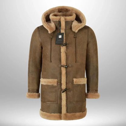 Men’s Suede Leather Duffle Shearling Hooded Winter Coat My Store