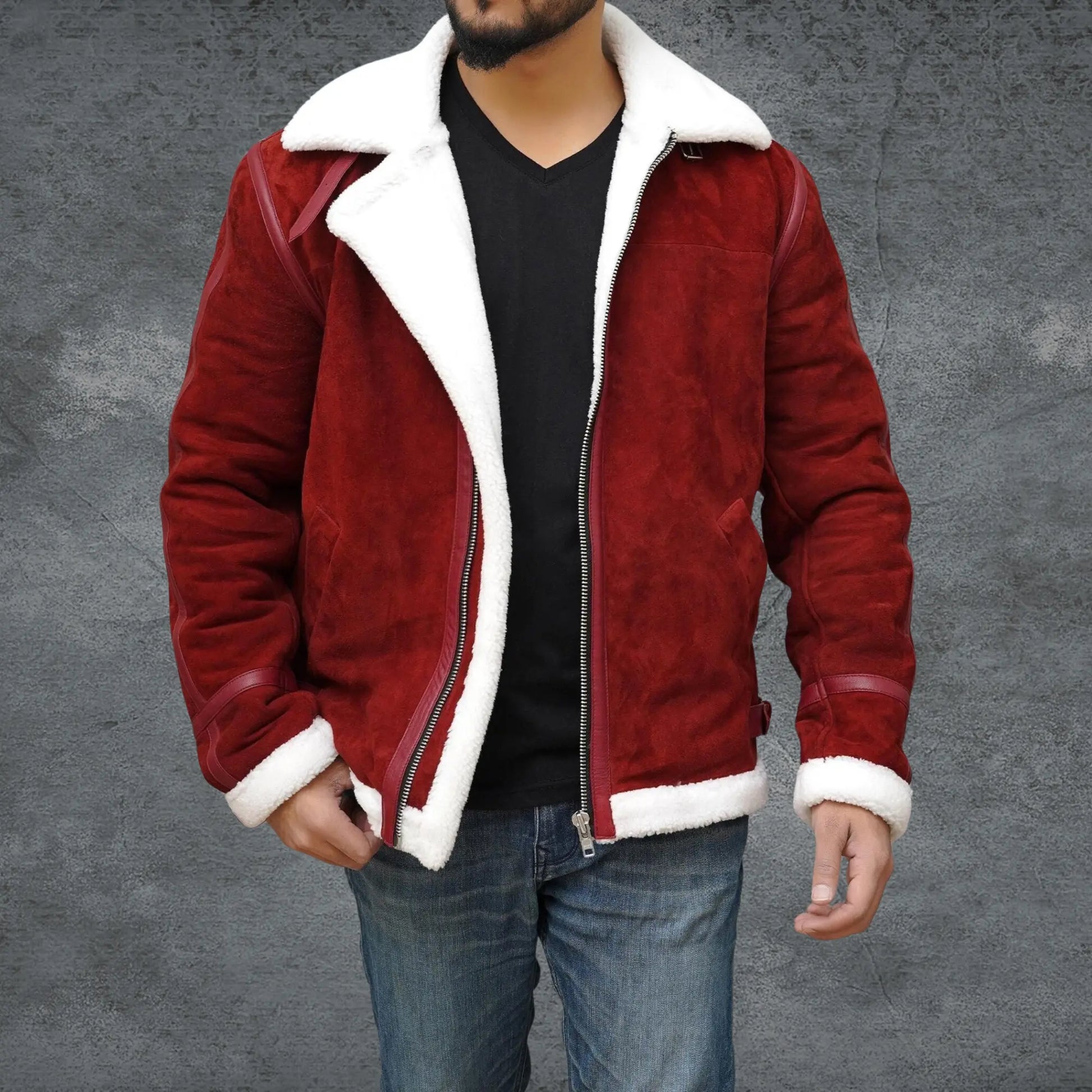 Men’s Spirited Red Suede Shearling Jacket - Santa Claus Coat My Store