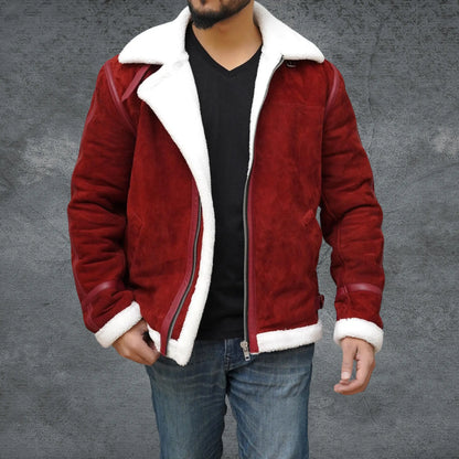 Men’s Spirited Red Suede Shearling Jacket - Santa Claus Coat My Store
