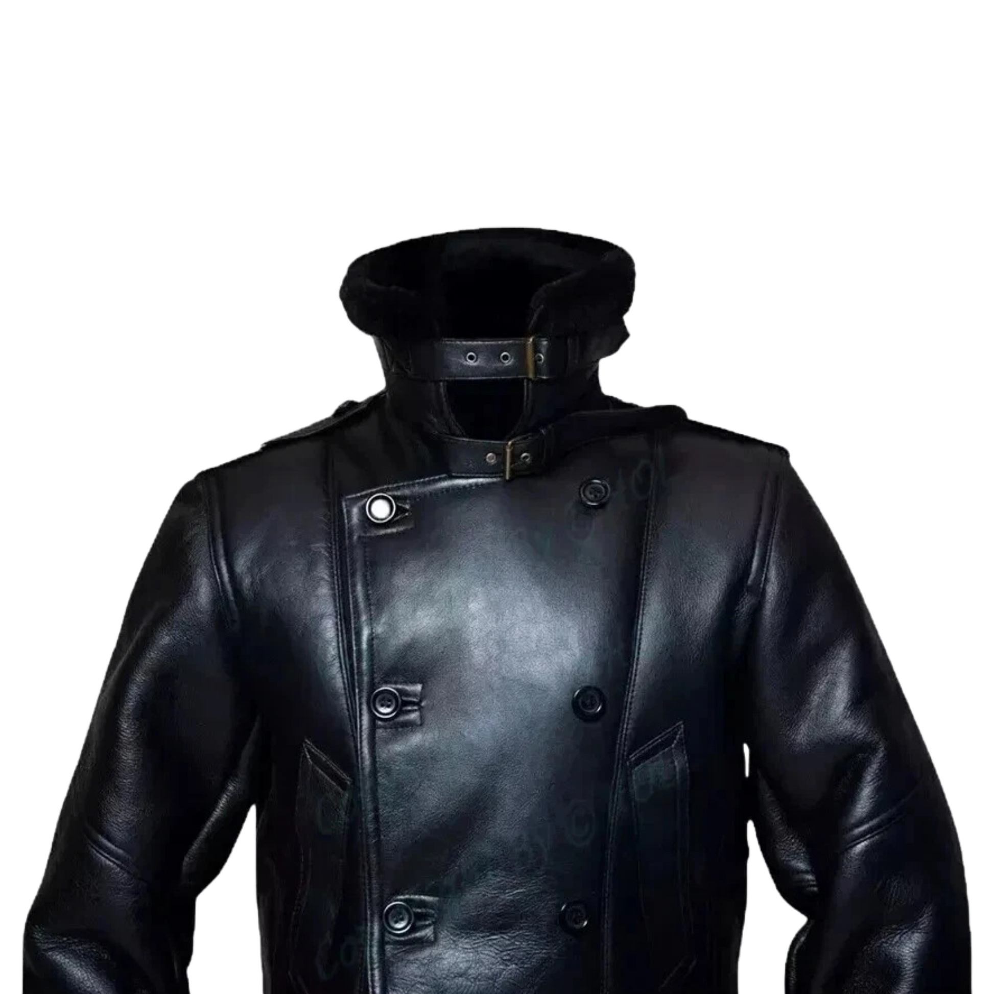 Men’s RAF Long Shearling Bomber Overcoat – Black Real Sheepskin Fur Lined Leather Jacket Bakshi Artisanal