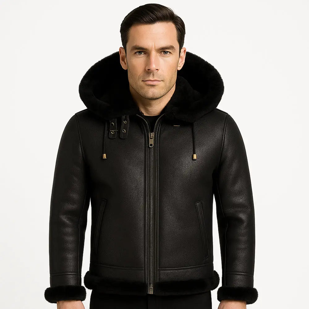Men's RAF B3 Aviator SheepSkin Hooded Black Leather Jacket My Store