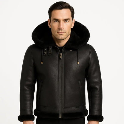 Men's RAF B3 Aviator SheepSkin Hooded Black Leather Jacket My Store