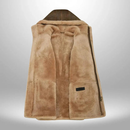 Men’s Suede Leather Duffle Shearling Hooded Winter Coat My Store