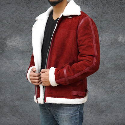 Men’s Spirited Red Suede Shearling Jacket - Santa Claus Coat My Store