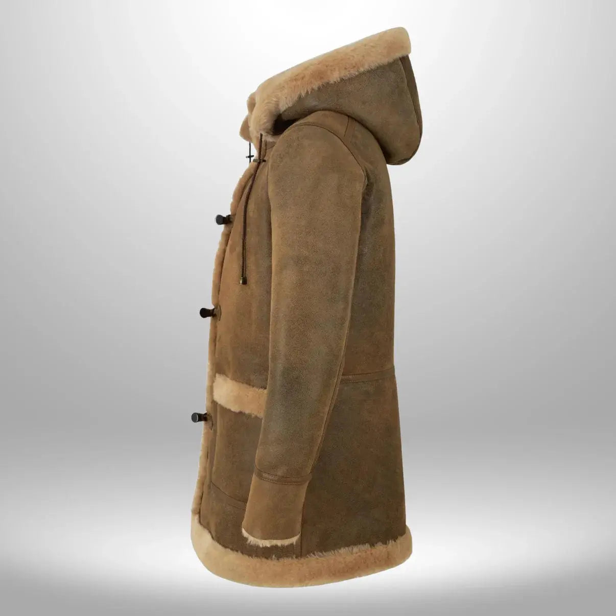 Men’s Suede Leather Duffle Shearling Hooded Winter Coat My Store