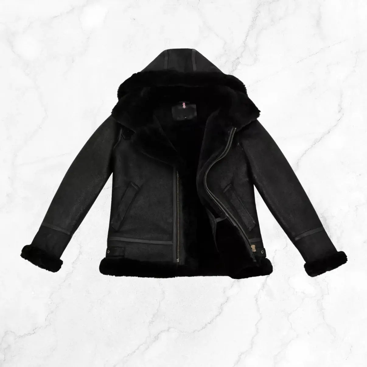 Men's RAF B3 Aviator SheepSkin Hooded Black Leather Jacket My Store
