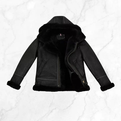 Men's RAF B3 Aviator SheepSkin Hooded Black Leather Jacket My Store