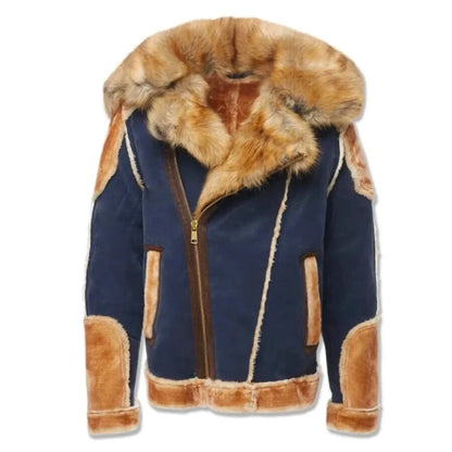 Men’s Brown & Navy Blue Shearling Moto Jacket – Retro Tan Fur-Lined Sheepskin Coat, Genuine Leather My Store