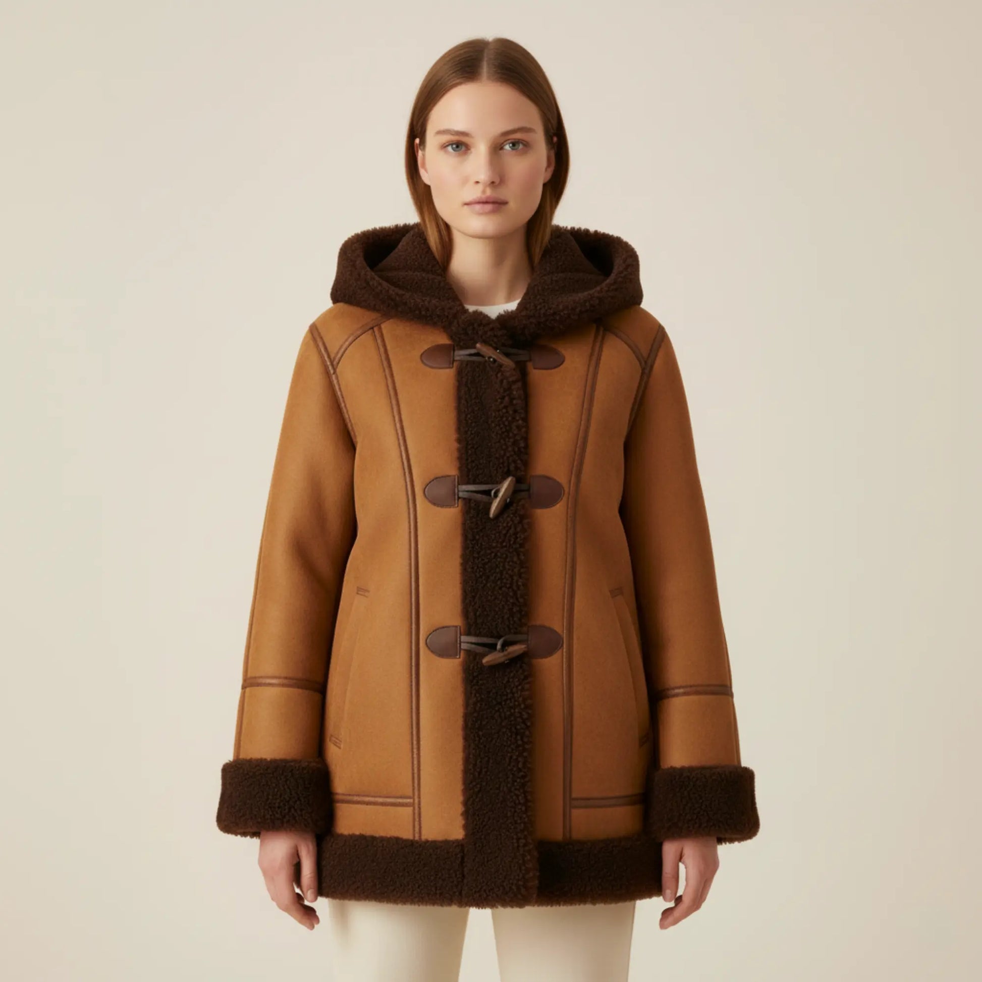 Womens Brown Suede Shearling Toggle Coat – Full Faux Fur Lined Hooded Jacket, Cozy Winter Outerwear - Perfect Gift for Her in this Winter Bakshi Artisanal