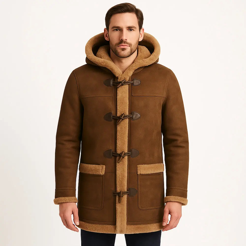 Men’s Suede Leather Duffle Shearling Hooded Winter Coat My Store