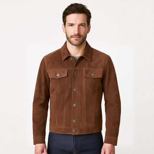 Men's Brown Suede Leather Trucker Jacket My Store