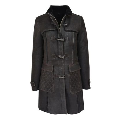 Luxury Warm Long Hooded Shearling Duffle Coat for Women – Genuine Brown Sheepskin My Store