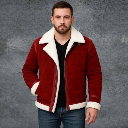 Men’s Spirited Red Suede Shearling Jacket - Santa Claus Coat My Store