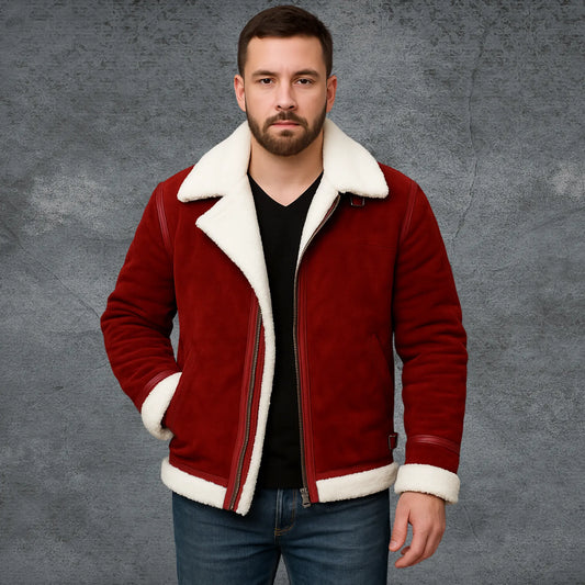 Men’s Spirited Red Suede Shearling Jacket - Santa Claus Coat My Store