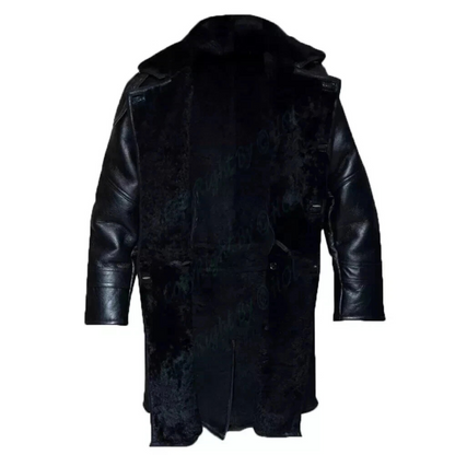 Men’s RAF Long Shearling Bomber Overcoat – Black Real Sheepskin Fur Lined Leather Jacket Bakshi Artisanal