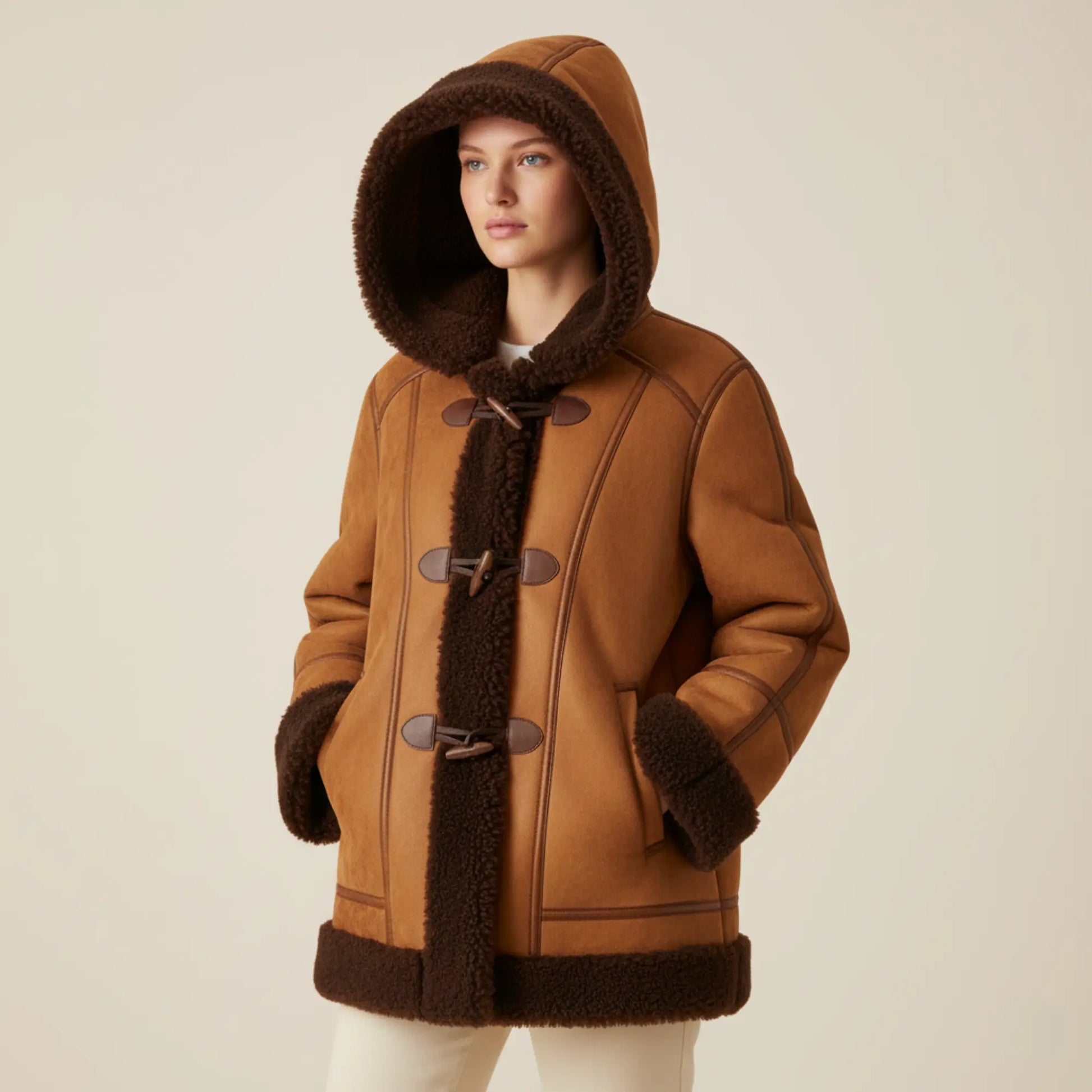 Womens Brown Suede Shearling Toggle Coat – Full Faux Fur Lined Hooded Jacket, Cozy Winter Outerwear - Perfect Gift for Her in this Winter Bakshi Artisanal