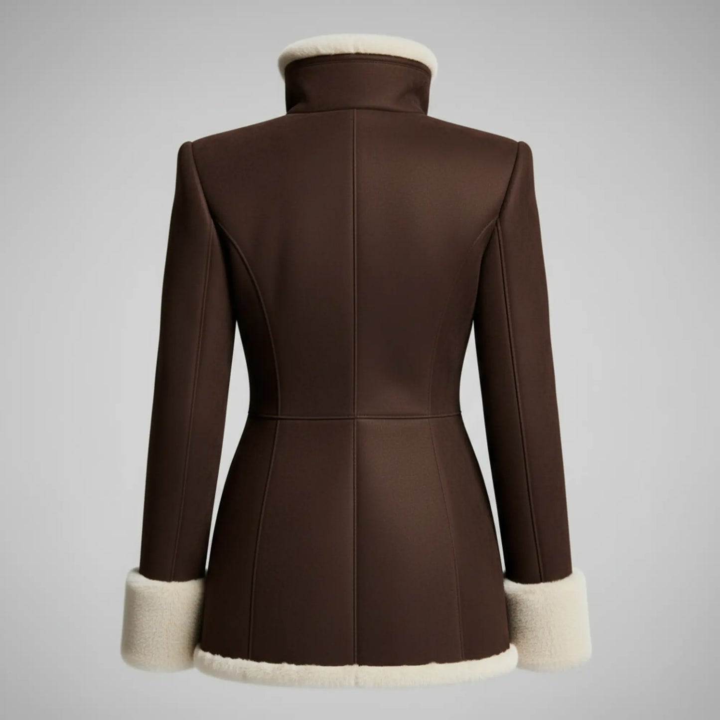 Luxury Shearling Brown Suede Coat with Faux Fur Lining & Gold Zipper Pockets – Elegant Asymmetric Winter Jacket Bakshi Artisanal