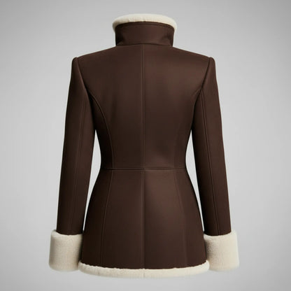 Luxury Shearling Brown Suede Coat with Faux Fur Lining & Gold Zipper Pockets – Elegant Asymmetric Winter Jacket Bakshi Artisanal