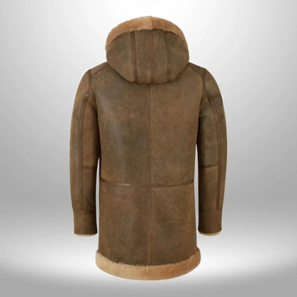Men’s Suede Leather Duffle Shearling Hooded Winter Coat My Store