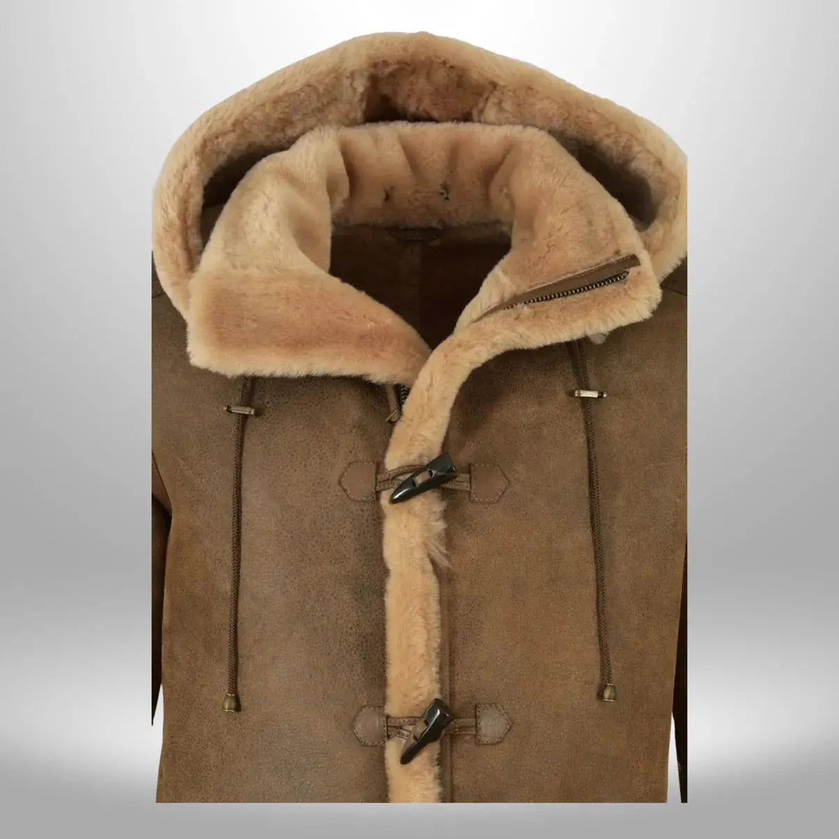Men’s Suede Leather Duffle Shearling Hooded Winter Coat My Store