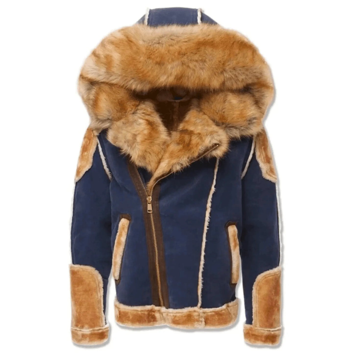 Men’s Brown & Navy Blue Shearling Moto Jacket – Retro Tan Fur-Lined Sheepskin Coat, Genuine Leather My Store