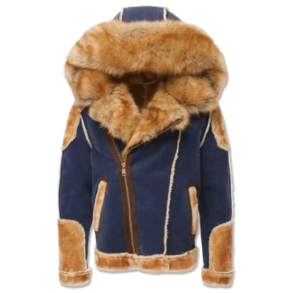 Men’s Brown & Navy Blue Shearling Moto Jacket – Retro Tan Fur-Lined Sheepskin Coat, Genuine Leather My Store