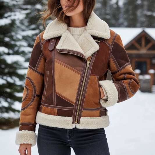 Womens Brown Patchwork Suede Leather Shearling Jacket – Full Sherpa Lined Luxe Coat, Winter Outerwear for Sale Bakshi Artisanal