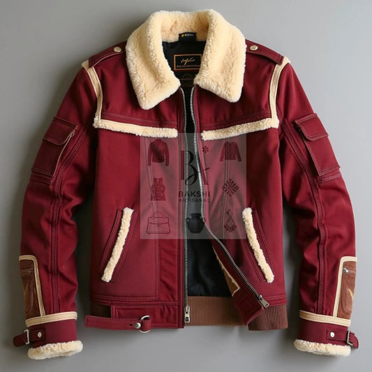 Red Suede Shearling Jacket for Men ‒ Faux Fur Lined Collar &amp; Cuffs, Warm Vintage Leather Coat, Winter Santa Piece Bakshi Artisanal