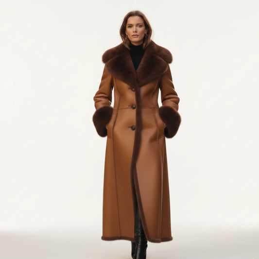 Womens Camel Brown Long Shearling Coat – Dark Brown Faux Fur Lining, Luxury Leather Trench, Warm Winter Outerwear Bakshi Artisanal