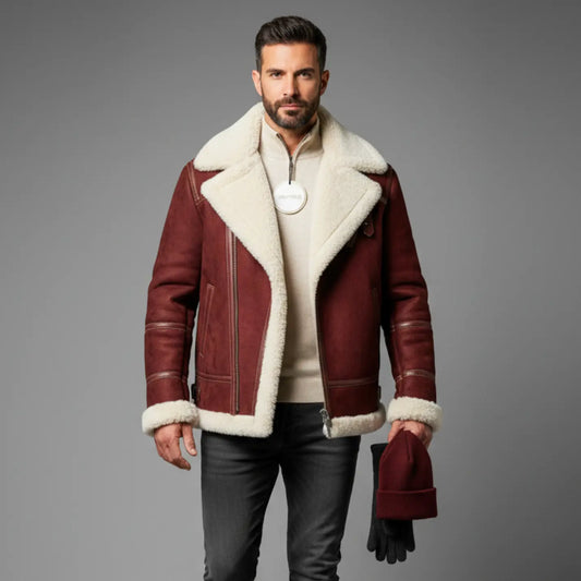 Mens Maroon Suede Shearling Jacket – Faux Fur Lined Winter Coat, Santa-Inspired Style, Free Shipping Worldwide Bakshi Artisanal