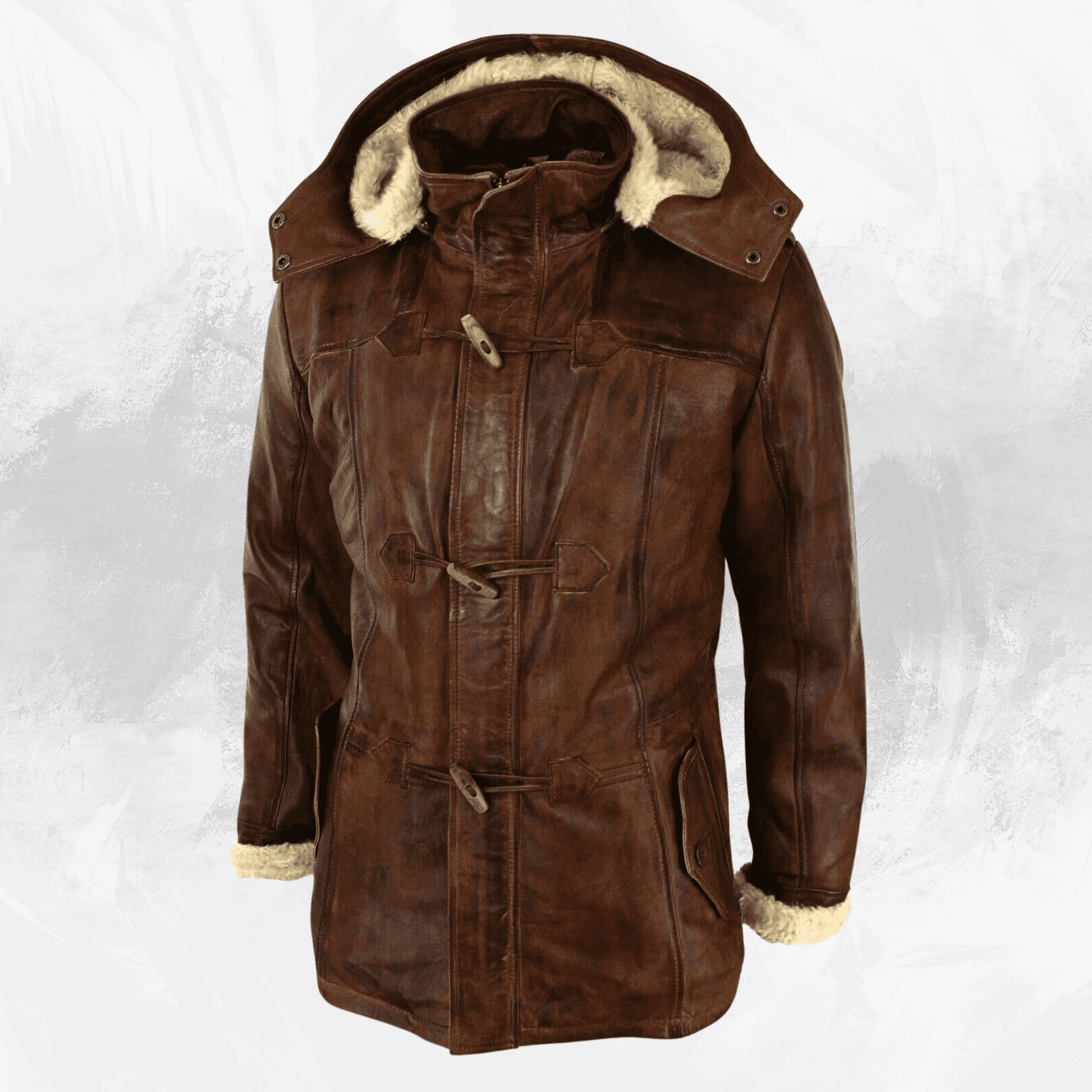Men’s Brown Hooded Sheepskin Duffle Coat – Genuine Leather, Fur-Lined Trench, Detachable Hood My Store