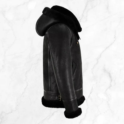 Men's RAF B3 Aviator SheepSkin Hooded Black Leather Jacket My Store