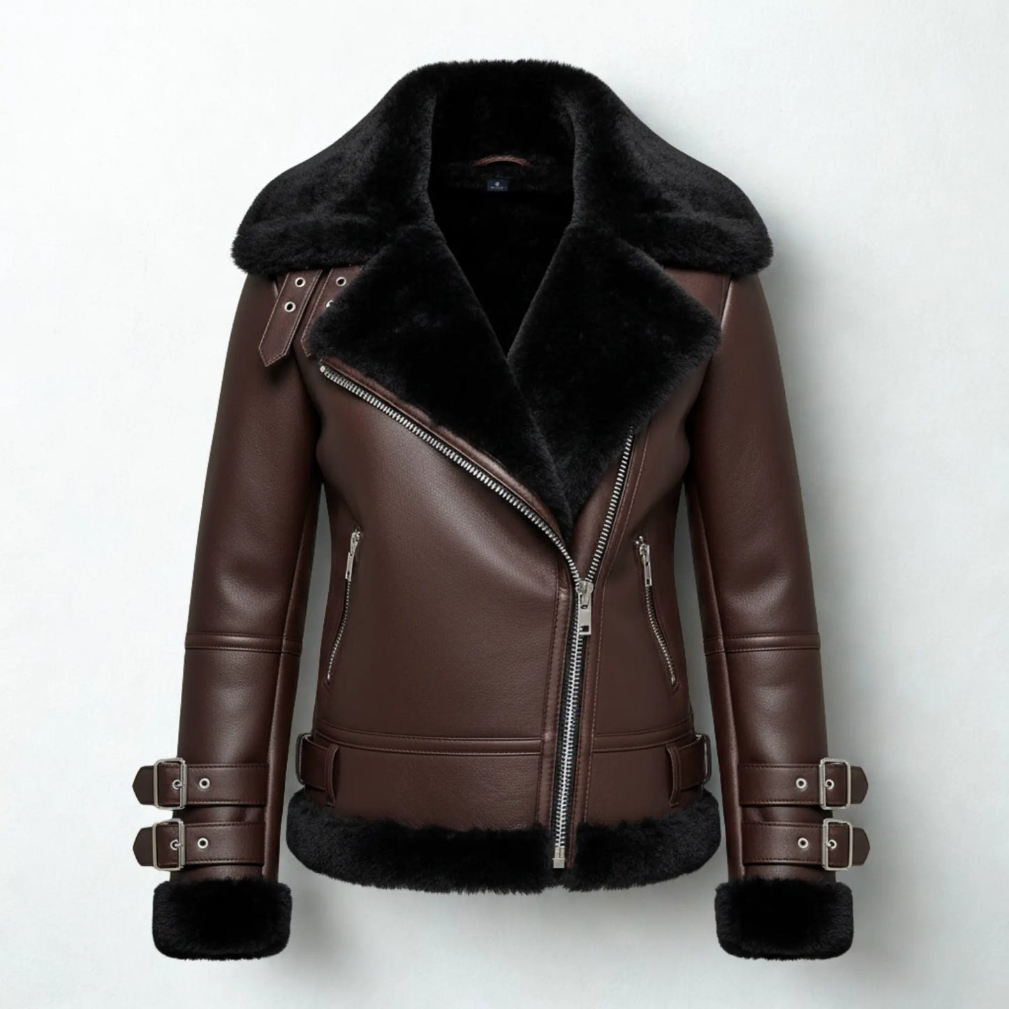 Brown Shearling Leather Coat with Black Fur Lining – Shop Luxe Moto Warmth Bakshi Artisanal