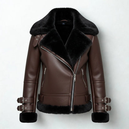 Brown Shearling Leather Coat with Black Fur Lining – Shop Luxe Moto Warmth Bakshi Artisanal
