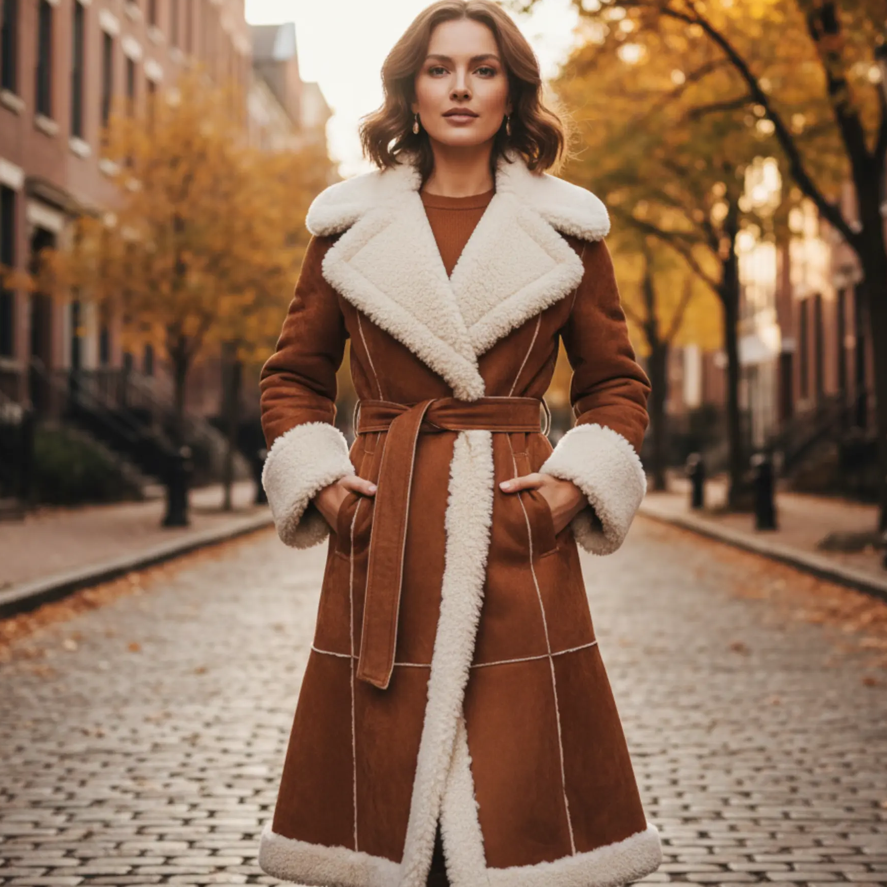 Women's Luxury Handmade Brown Shearling 3/4 long Coat – Genuine Leather Long Winter Coat with Full Shearling Lining &amp; Belted Waist Bakshi Artisanal
