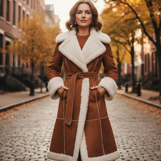 Women's Luxury Handmade Brown Shearling 3/4 long Coat – Genuine Leather Long Winter Coat with Full Shearling Lining &amp; Belted Waist Bakshi Artisanal