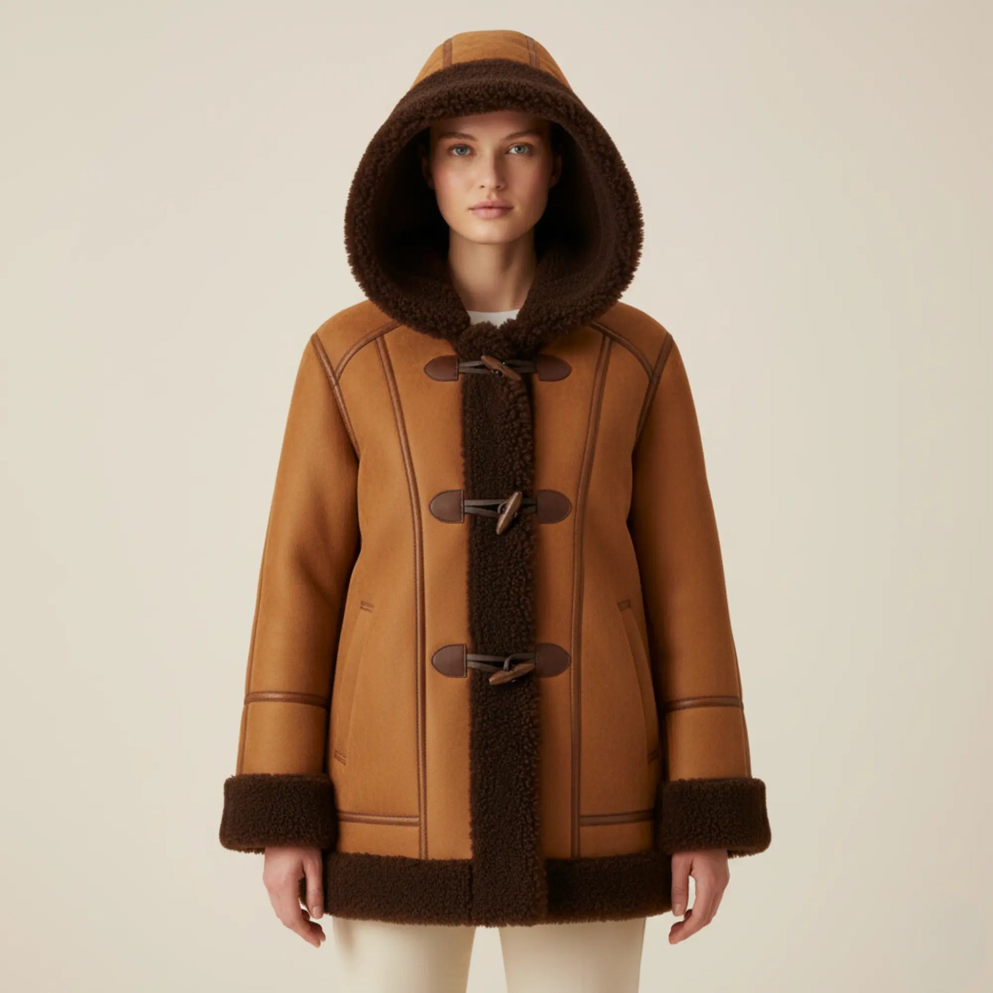 Womens Brown Suede Shearling Toggle Coat – Full Faux Fur Lined Hooded Jacket, Cozy Winter Outerwear - Perfect Gift for Her in this Winter Bakshi Artisanal