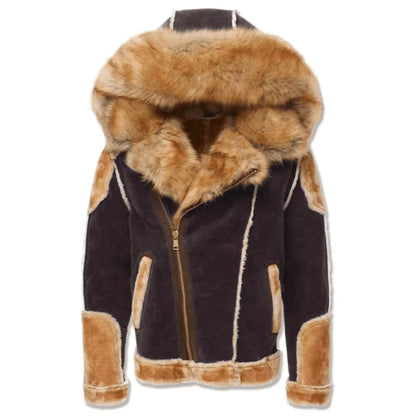 Men’s Brown & Navy Blue Shearling Moto Jacket – Retro Tan Fur-Lined Sheepskin Coat, Genuine Leather My Store