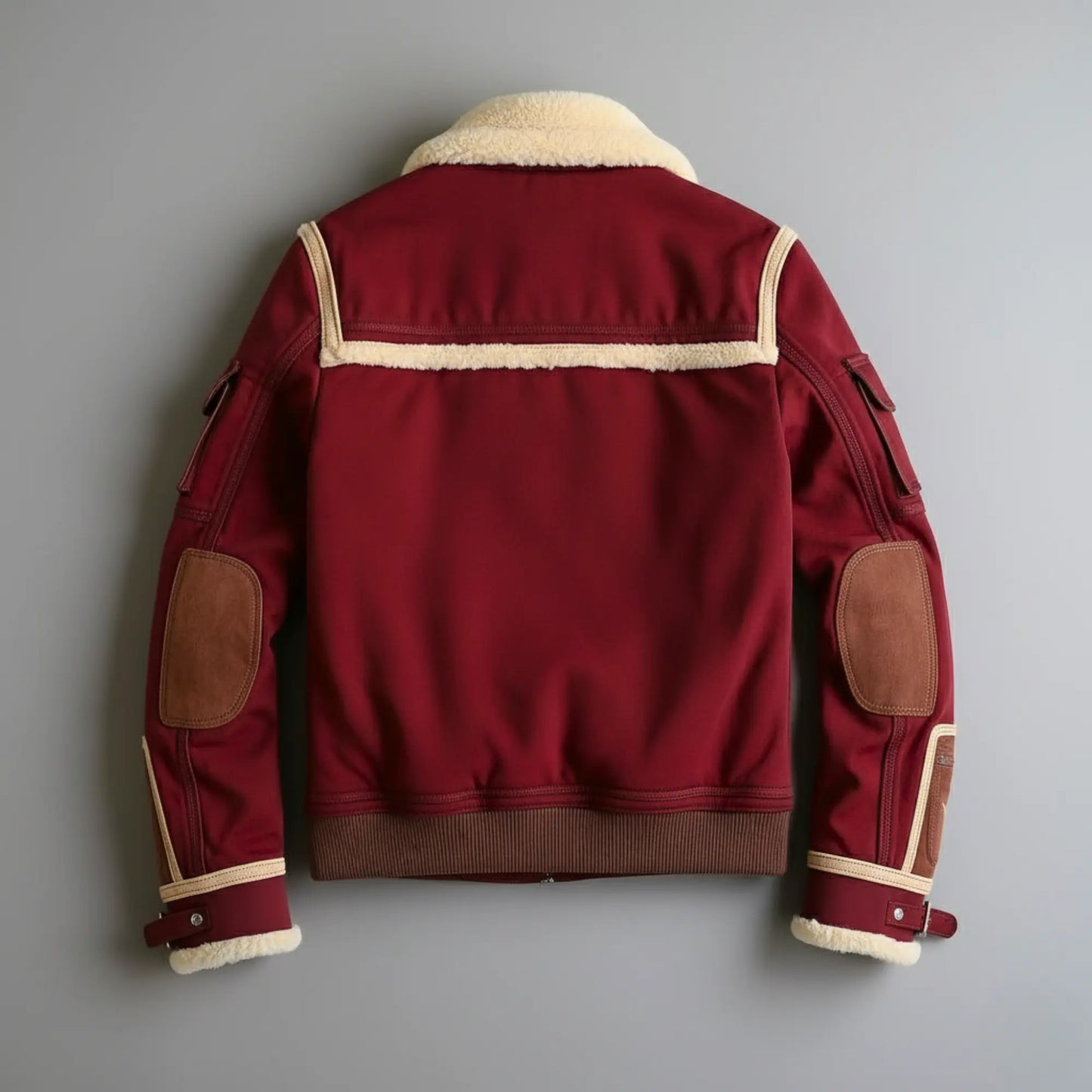 Red Suede Shearling Jacket for Men ‒ Faux Fur Lined Collar &amp; Cuffs, Warm Vintage Leather Coat, Winter Santa Piece Bakshi Artisanal