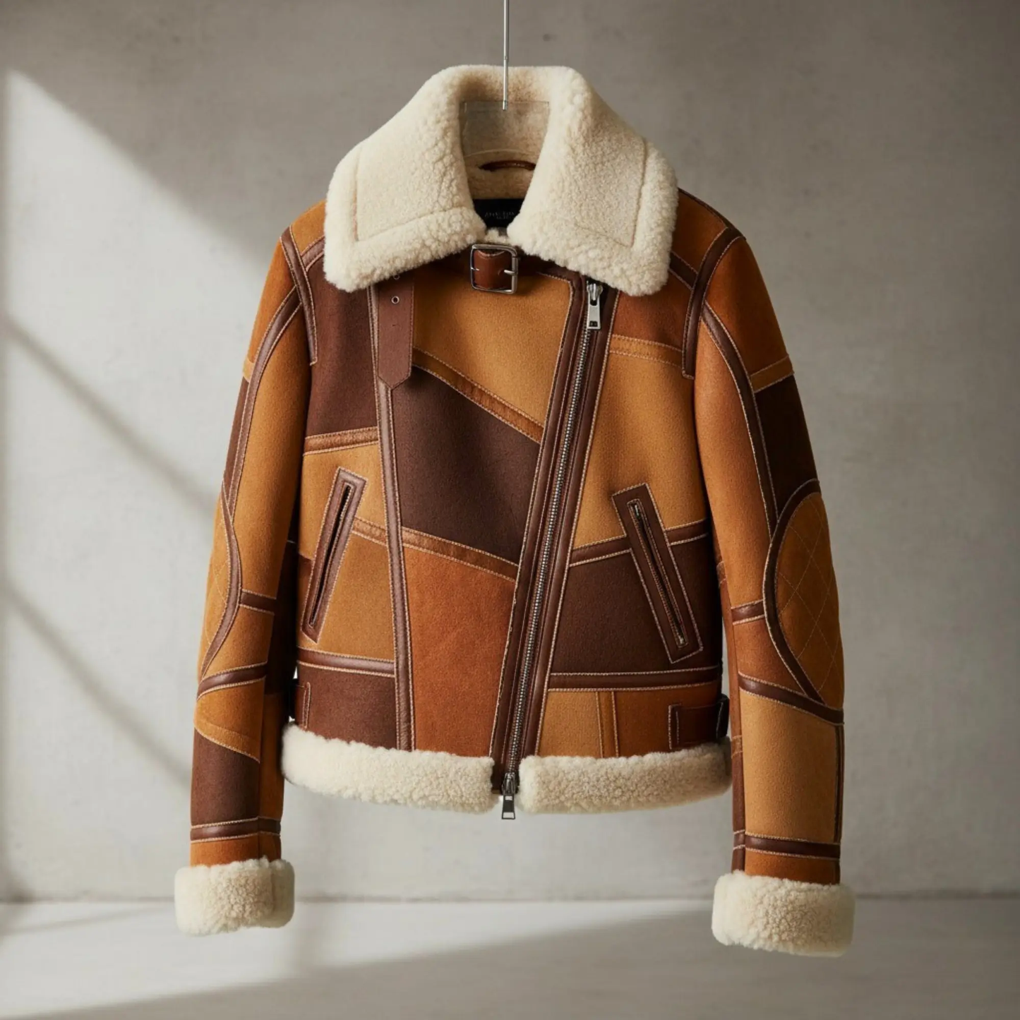 Womens Brown Patchwork Suede Leather Shearling Jacket – Full Sherpa Lined Luxe Coat, Winter Outerwear for Sale Bakshi Artisanal